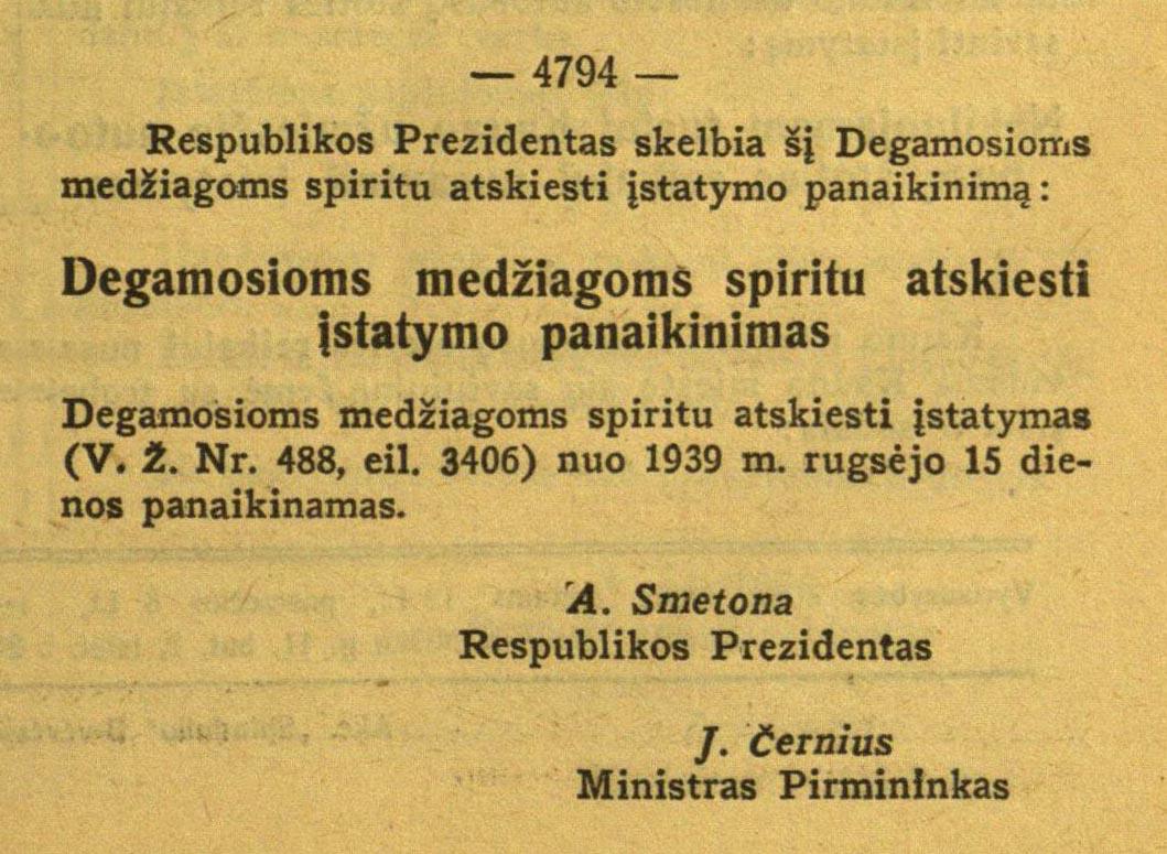 1939-07-22 Nr. 654 Vyriausybės žinios - įstatymo panaikinimas