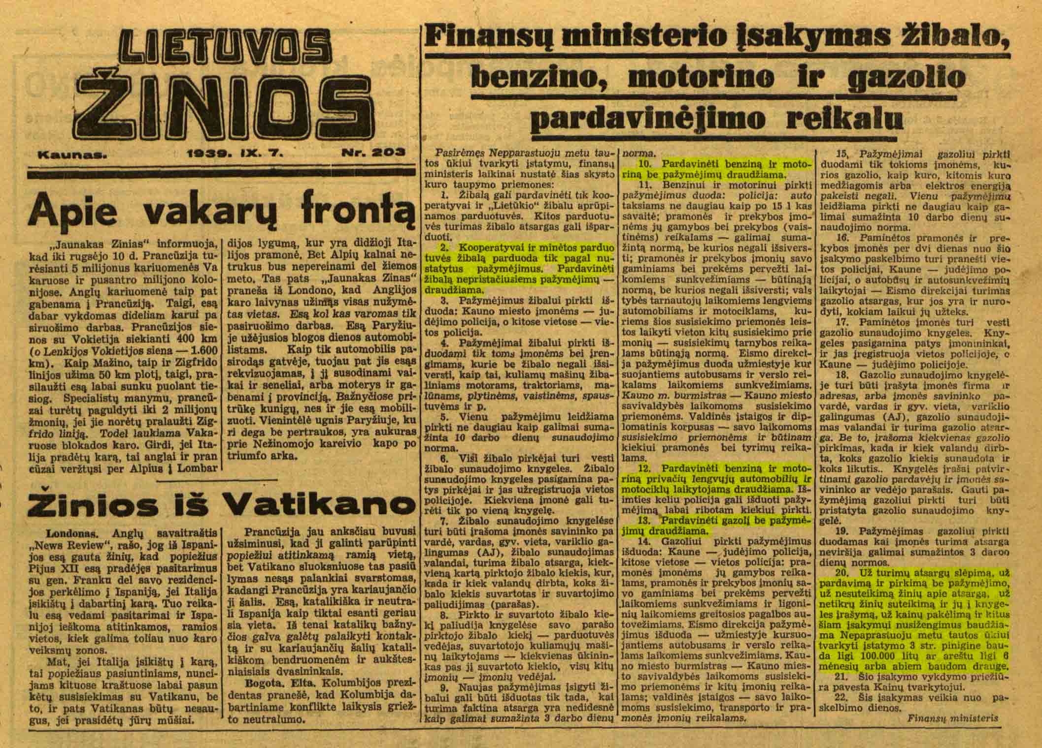 1939-09-07 Lietuvos žinios kuro taupymas, leidimų išdavimas